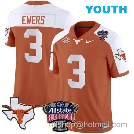 Youth Quinn Ewers Jersey #3 Texas Longhorns Sugar Bowl Patch Vapor Football Orange Alternate