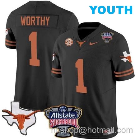 Youth Xavier Worthy Jersey #1 Texas Longhorns Sugar Bowl Patch Vapor Football Black