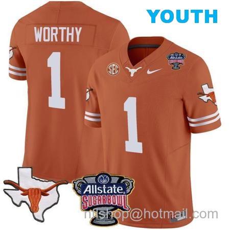 Youth Xavier Worthy Jersey #1 Texas Longhorns Sugar Bowl Patch Vapor Football Texas Orange