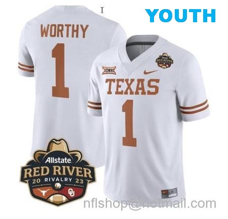 Youth Xavier Worthy Jersey #1 Texas Longhorn Allstate Red River Vivalry Patch College Football White