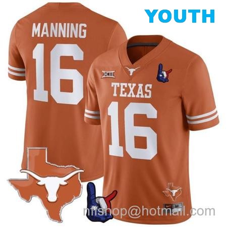 Youth Arch Manning Jersey #16 Texas Longhorns Texas State Map and Throwing Up The H Patch Football Orange