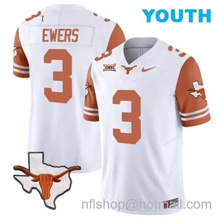 Youth Quinn Ewers Jersey #3 Texas Longhorn Vapor Limited College Football Orange Sleeves