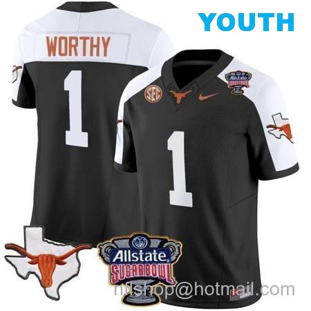 Youth Xavier Worthy Jersey #1 Texas Longhorns Sugar Bowl Patch Vapor Football Black Alternate