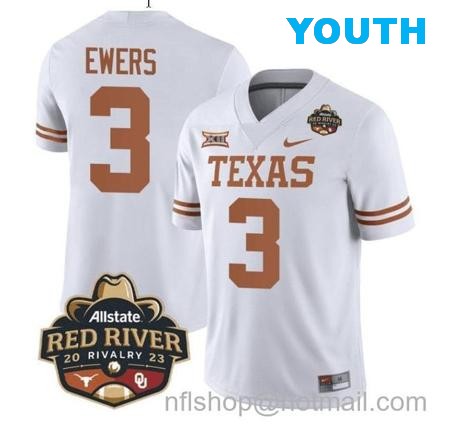 Youth Quinn Ewers Jersey #3 Texas Longhorn Allstate Red River Vivalry Patch College Football White