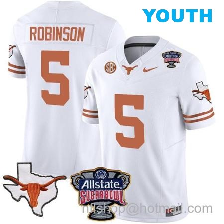 Youth Bijan Robinson Jersey #5 Texas Longhorns Sugar Bowl Patch Vapor Football White