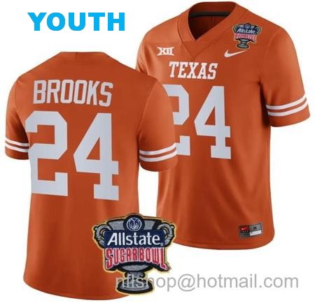 Youth Jonathon Brooks Jersey #24 Texas Longhorns Allstate Sugar Bowl Patch 2024 College Football Orange