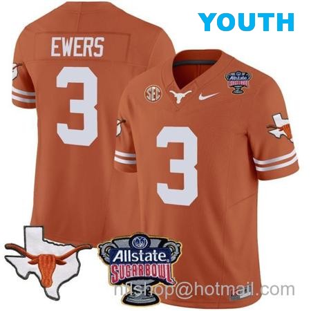 Youth Quinn Ewers Jersey #3 Texas Longhorns Sugar Bowl Patch Vapor Football Texas Orange