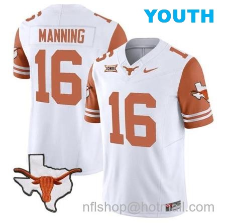 Youth Arch Manning Jersey #16 Texas Longhorn Vapor Limited College Football Orange Sleeves