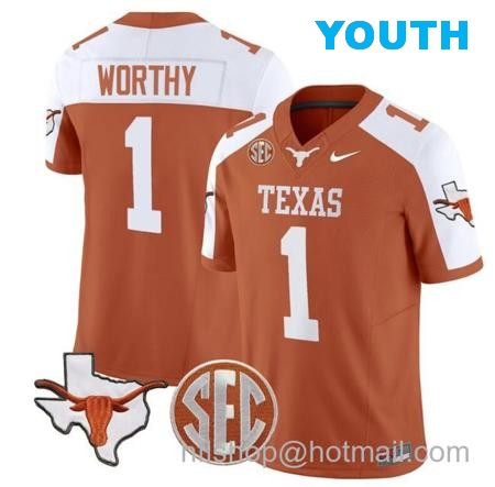 Youth Xavier Worthy Jersey #1 Texas Longhorns State Map and Sec Patch Vapor Limited College Football Stitched Orange Alternate