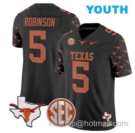 Youth Bijan Robinson Jersey #5 Texas Longhorns State Map and Sec Patch Vapor Limited College Football Stitched Black