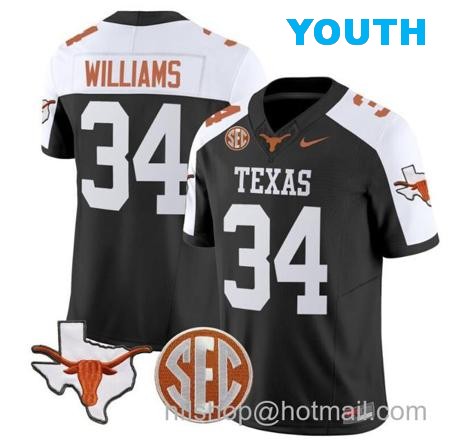 Youth Ricky Williams Jersey #34 Texas Longhorns State Map and Sec Patch Vapor Limited College Football Stitched Black Alternate