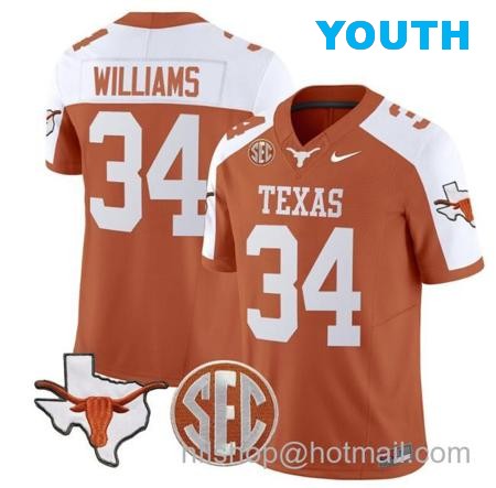 Youth Ricky Williams Jersey #34 Texas Longhorns State Map and Sec Patch Vapor Limited College Football Stitched Orange Alternate