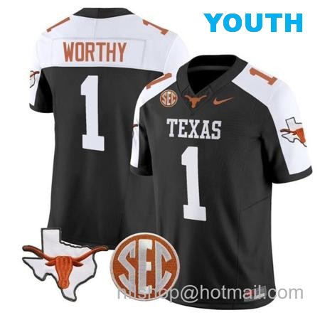 Youth Xavier Worthy Jersey #1 Texas Longhorns State Map and Sec Patch Vapor Limited College Football Stitched Black Alternate