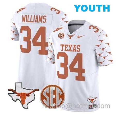 Youth Ricky Williams Jersey #34 Texas Longhorns State Map and Sec Patch Vapor Limited College Football Stitched White