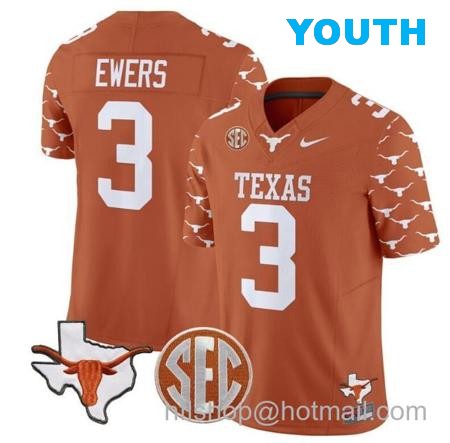 Youth Quinn Ewers Jersey #3 Texas Longhorns State Map and Sec Patch Vapor Limited College Football Stitched Texas Orange