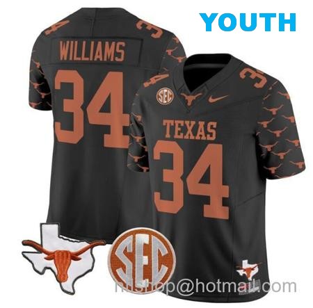 Youth Ricky Williams Jersey #34 Texas Longhorns State Map and Sec Patch Vapor Limited College Football Stitched Black