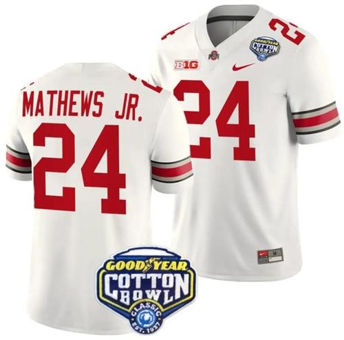 Youth Nike Jermaine Mathews Jr Jersey #24 Ohio State Buckeyes Cotton Bowl Patch 2023 Football White