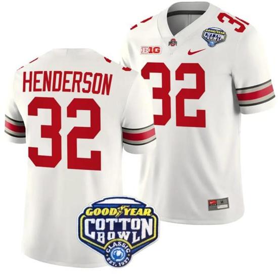 Women's Nike TreVeyon Henderson Jersey #32 Ohio State Buckeyes Cotton Bowl Patch 2023 Football White