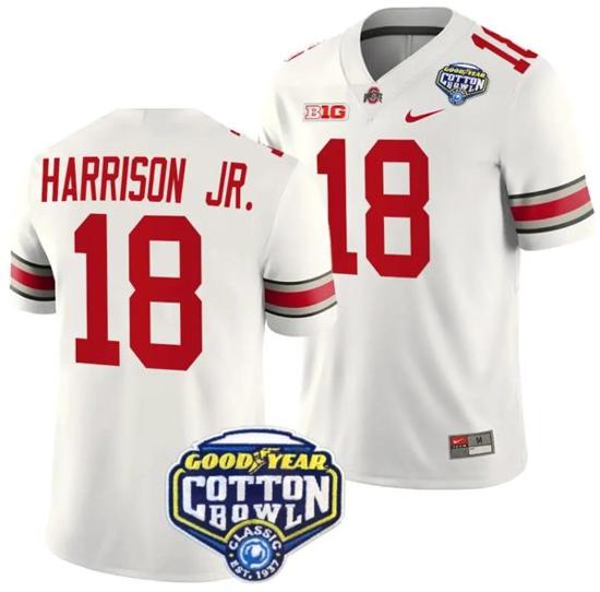 Women's Nike Marvin Harrison Jr Jersey #18 Ohio State Buckeyes Cotton Bowl Patch 2023 Football White