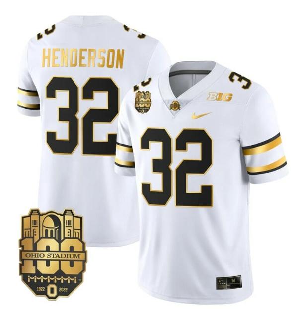 Nike Men's Ohio State Buckeyes TreVeyon Henderson Jersey #32 College Football Stitched White Gold