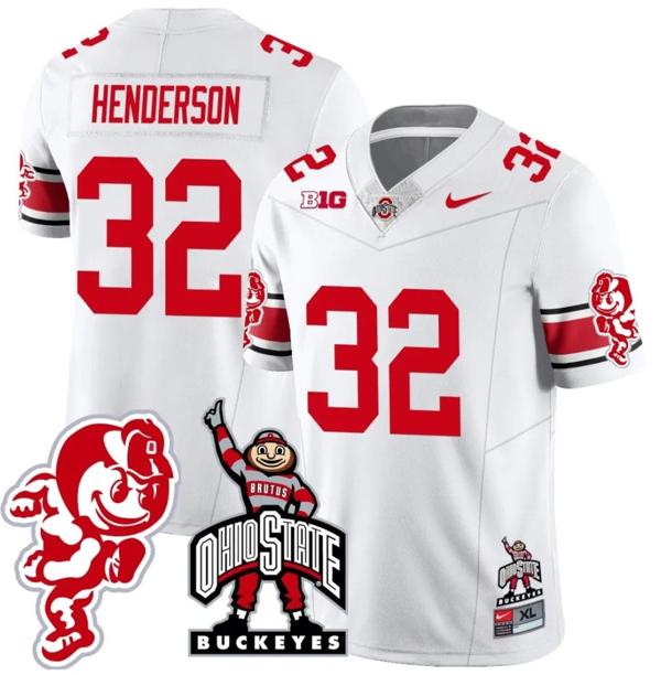 Nike Men's TreVeyon Henderson Jersey #32 Ohio State Buckeyes Football Stitched Brutus Buckeye Patch White