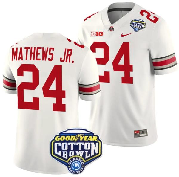 Nike Men's Jermaine Mathews Jr Jersey #24 Ohio State Buckeyes Cotton Bowl Patch 2023 Football White