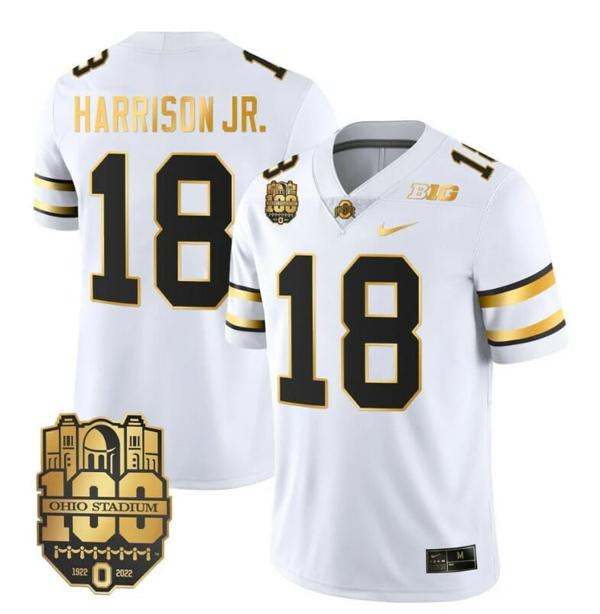 Nike Men's Ohio State Buckeyes Marvin Harrison Jr Jersey #18 College Football Stitched White Gold