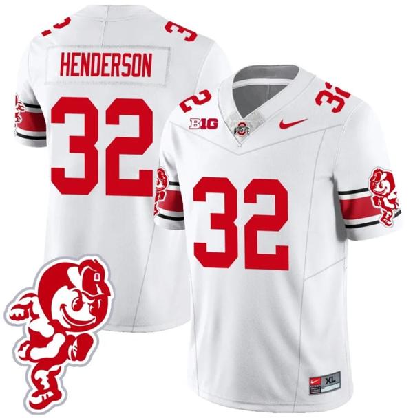 Nike Men's TreVeyon Henderson Jersey #32 Ohio State Buckeyes Football 2023 Stitched Brutus Buckeye Patch White