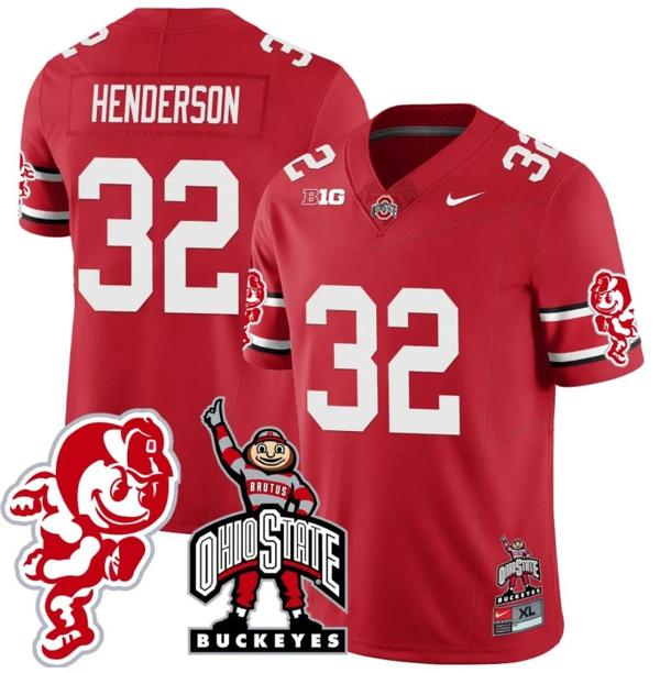 Nike Men's TreVeyon Henderson Jersey #32 Ohio State Buckeyes Football Stitched Brutus Buckeye Patch Scarlet