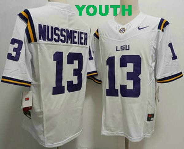 Youth LSU Tigers #13 Garrett Nussmeier White Vapor F.U.S.E. Limited College Stitched Jersey