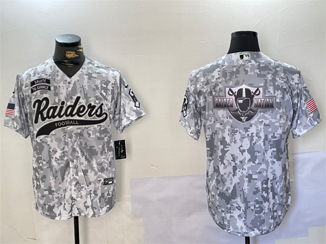 Men's Las Vegas Raiders Team Big Logo 2024 Arctic Camo Salute to Service Stitched Baseball Jersey