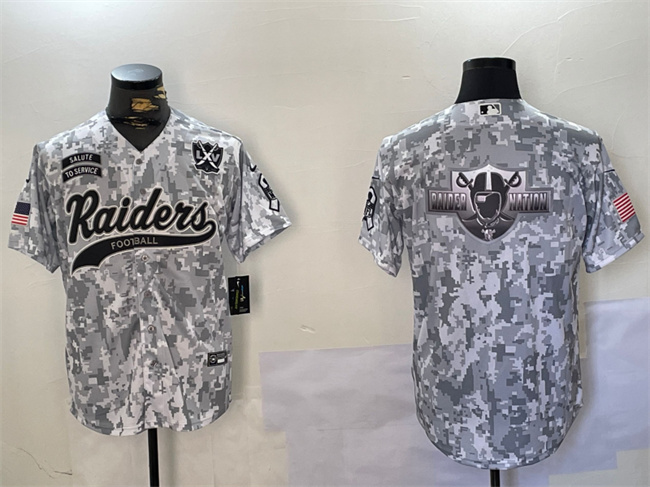 Men's Las Vegas Raiders Team Big Logo 2024 Arctic Camo Salute to Service With 65th Anniversary Patch Stitched Baseball Jersey