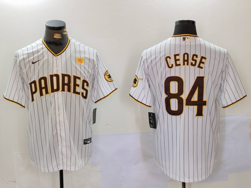 Men's San Diego Padres #84 Dylan Cease White Team Logo With PS Patch Stitched Cool Base Nike Jersey