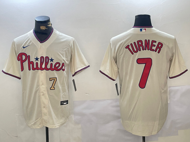 Men's Philadelphia Phillies #7 Trea Turner Cream Cool Base Stitched Jerseys