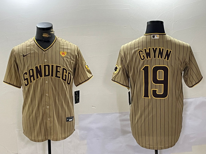 Men's San Diego Padres  #19 Tony Gwynn Tan With PS Patch Cool Base Stitched Baseball Jersey