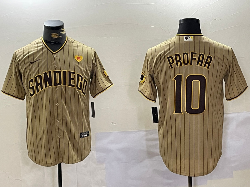 Men's San Diego Padres #10 Jurickson Profar Tan Team Logo With PS Patch Cool Base Stitched Baseball Jersey