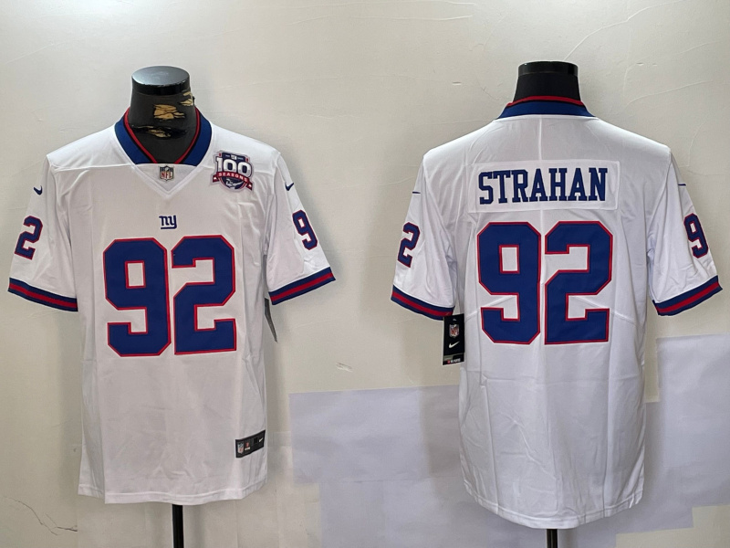 Nike New York Giants #92 Michael Strahan White With 100TH Season Patch Men's Stitched NFL Limited Rush Jersey