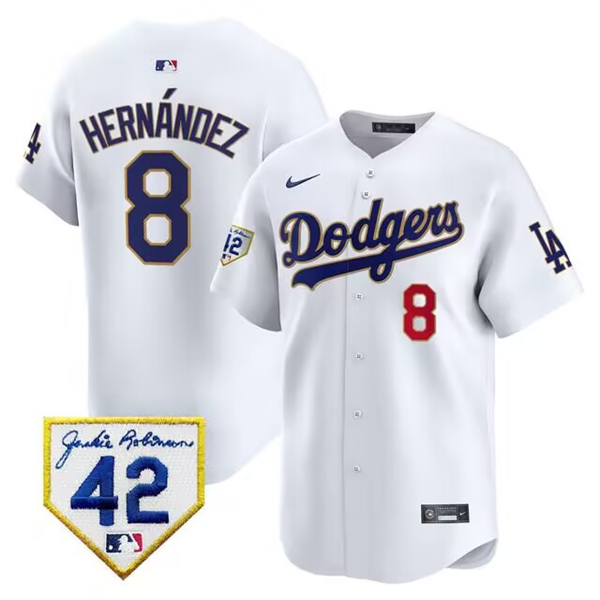 Men's Los Angeles Dodgers #8 Enrique Hernández White 2024 Jackie Robinson Patch Stitched Baseball Jersey