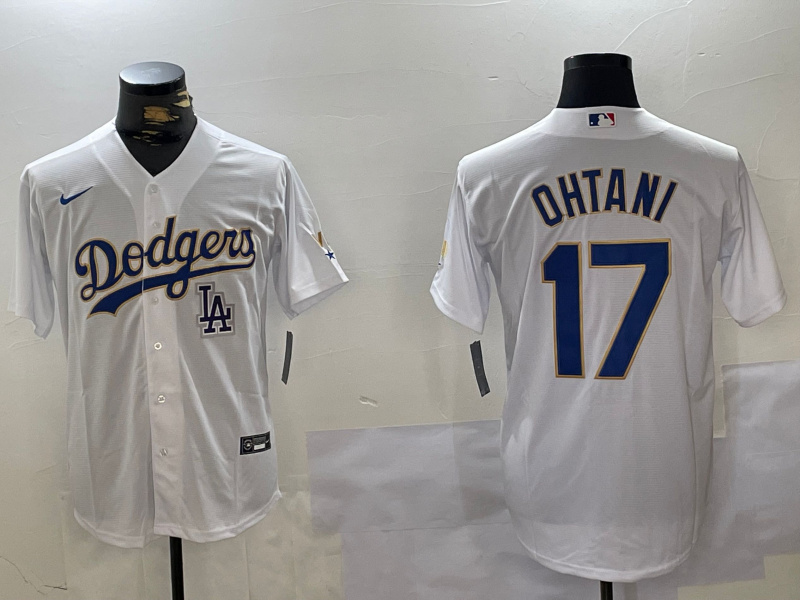 Men's Los Angeles Dodgers #17  Shohei Ohtani White Gold Championship Cool Base Stitched Jerseys