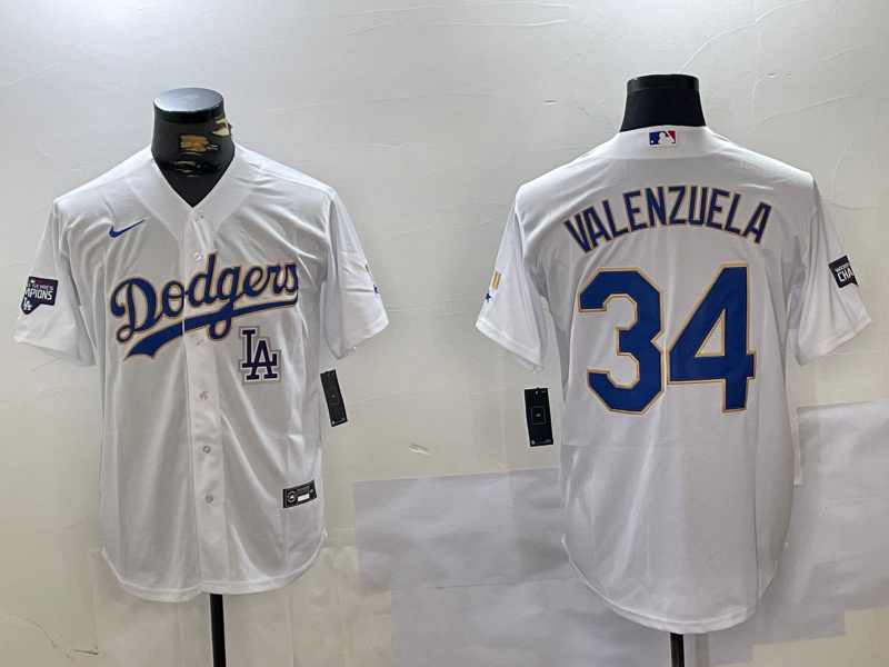 Men's Los Angeles Dodgers #34  Fernando Valenzuela White Gold Championship Cool Base Stitched Jersey