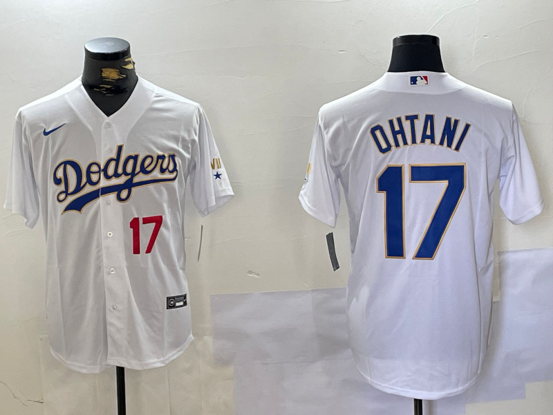 Men's Los Angeles Dodgers #17  Shohei Ohtani White Gold Championship Cool Base Stitched Jersey