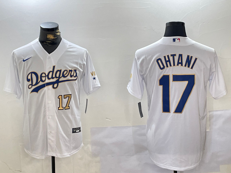 Men's Los Angeles Dodgers #17  Shohei Ohtani Number White Gold Championship Cool Base Stitched Jersey