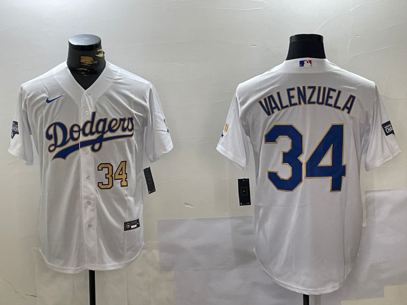 Men's Los Angeles Dodgers #34  Fernando Valenzuela White Gold Championship Cool Base Stitched Jersey