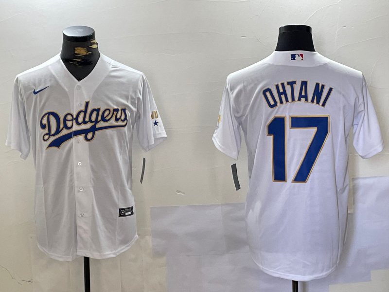 Men's Los Angeles Dodgers #17  Shohei Ohtani White Gold Championship Cool Base Stitched Jersey