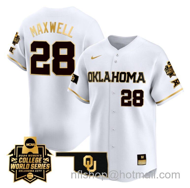 Men's Nike Kelly Maxwell Jersey #28 Oklahoma Sooners 2024 College World Series Patch Vapor Premier Limited NCAA Baseball Stitched White Gold