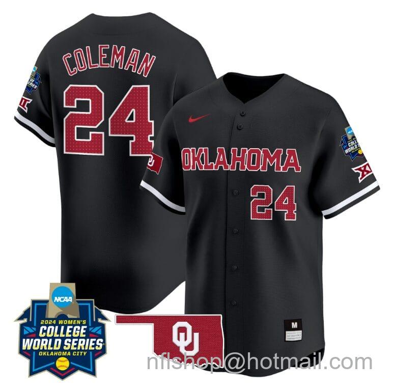 Men's Nike Jayda Coleman Jersey #24 Oklahoma Sooners 2024 College World Series Patch Vapor Premier Limited NCAA Baseball Stitched Black