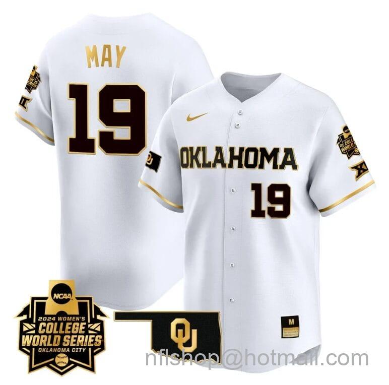 Men's Nike Nicole May Jersey #19 Oklahoma Sooners 2024 College World Series Patch Vapor Premier Limited NCAA Baseball Stitched White Gold