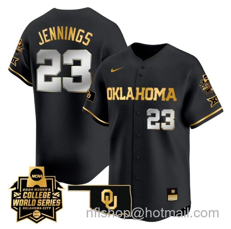 Men's Nike Tiare Jennings Jersey #23 Oklahoma Sooners 2024 College World Series Patch Vapor Premier Limited NCAA Baseball Stitched Black Gold