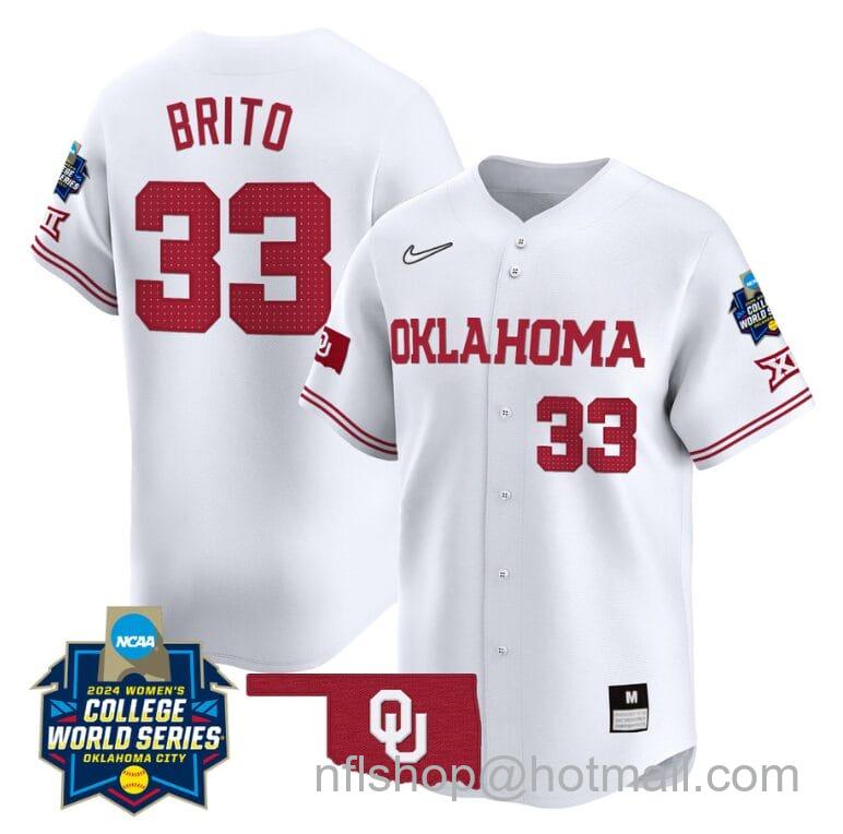 Men's Nike Alyssa Brito Jersey #33 Oklahoma Sooners 2024 College World Series Patch Vapor Premier Limited NCAA Baseball Stitched White