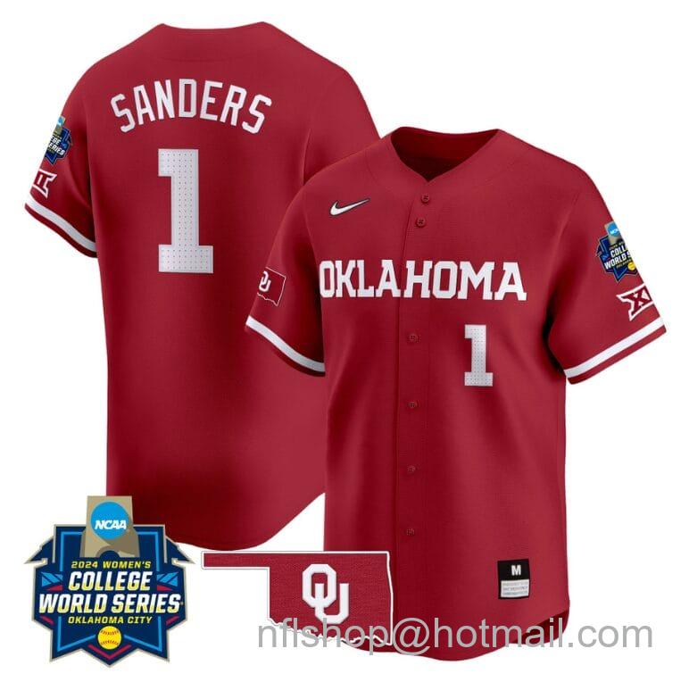 Men's Nike Cydney Sanders Jersey #1 Oklahoma Sooners 2024 College World Series Patch Vapor Premier Limited NCAA Baseball Stitched Crimson